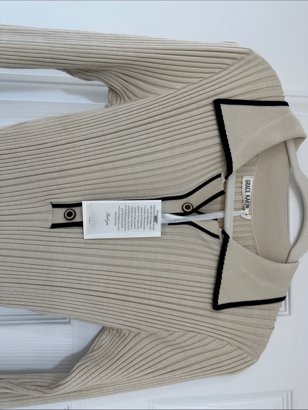 Grace Karin Beige Ribbed Polo Midi Dress with Black Trim - Picture 4 of 7